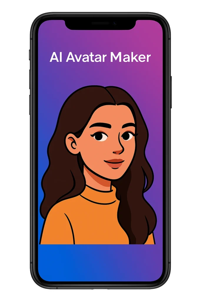 Smartphone screen showing an app with the heading “AI Avatar Maker” and a cartoon-style female avatar with long dark hair and an orange sweater on a purple gradient background.