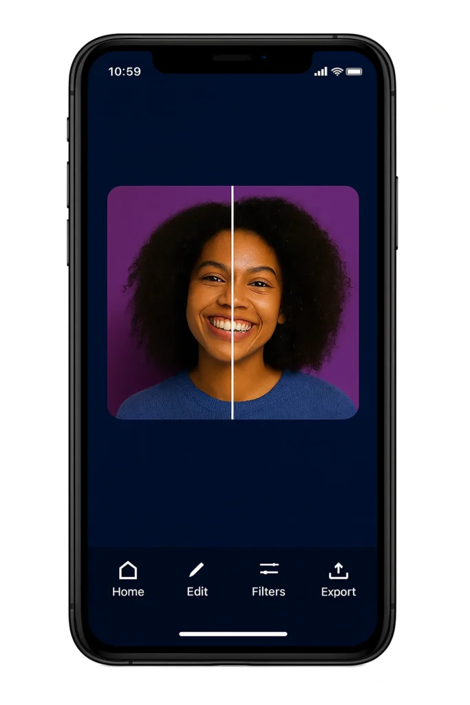 Smartphone screen showing a before-and-after photo comparison of a smiling woman, split down the middle, demonstrating the “AI Enhance” feature with clearer skin and brighter colors.