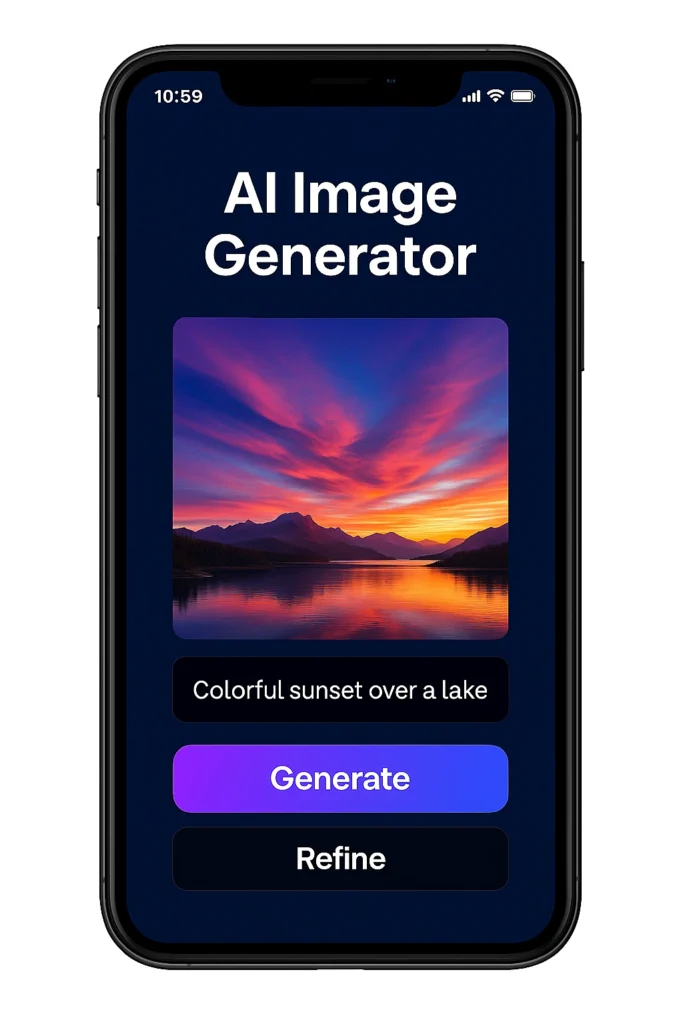Smartphone screen displaying an app with the heading “AI Image Generator” and an artwork of a colorful sunset over a lake, with options labeled “Generate” and “Refine.”
