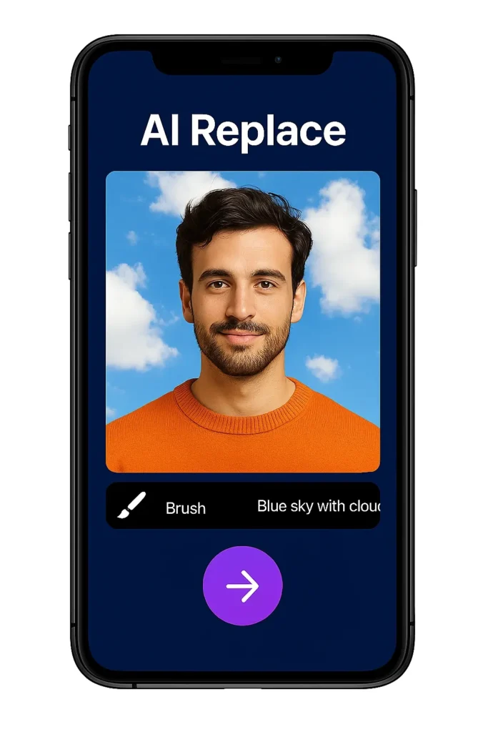 Smartphone screen displaying an app with the heading “AI Replace,” showing a portrait of a man in an orange sweater with a replaced background of a blue sky and clouds, along with editing options below.