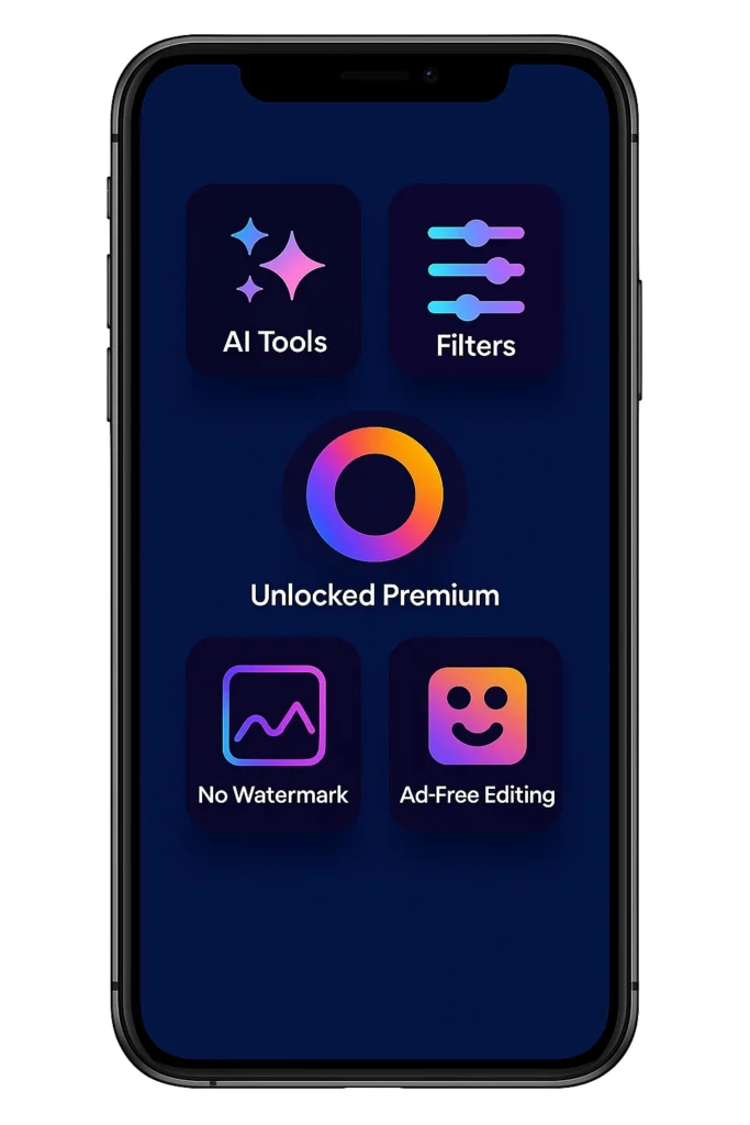 Smartphone screen displaying a photo editing app interface with colorful gradient icons labeled “AI Tools,” “Filters,” “Unlocked Premium,” “No Watermark,” and “Ad-Free Editing” on a dark background.