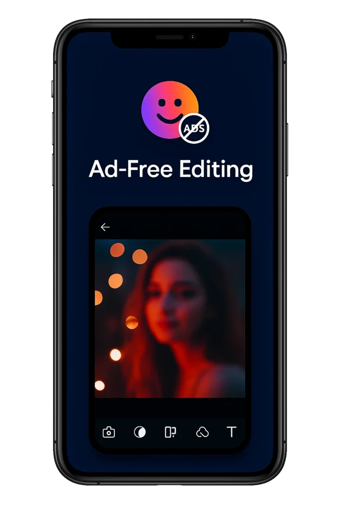 Smartphone screen showing a photo editing app with a colorful smiley face logo and a “No Ads” icon, along with the text “Ad-Free Editing” above a blurred portrait photo preview.