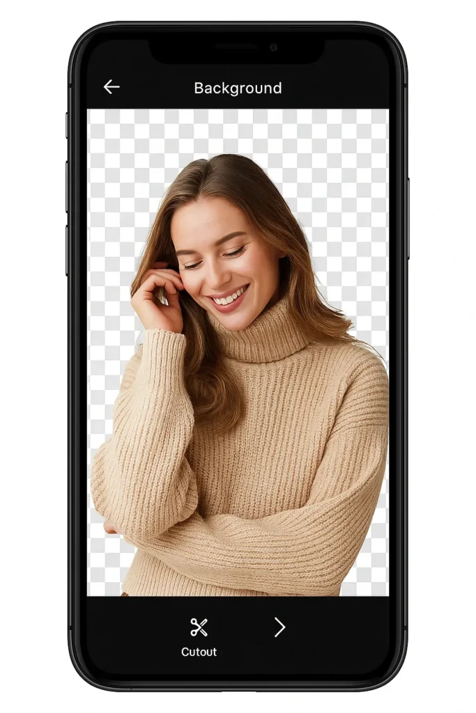 Smartphone screen showing a background remover tool with a smiling woman in a beige sweater, isolated on a transparent checkerboard background, with the option “Cutout” displayed below.