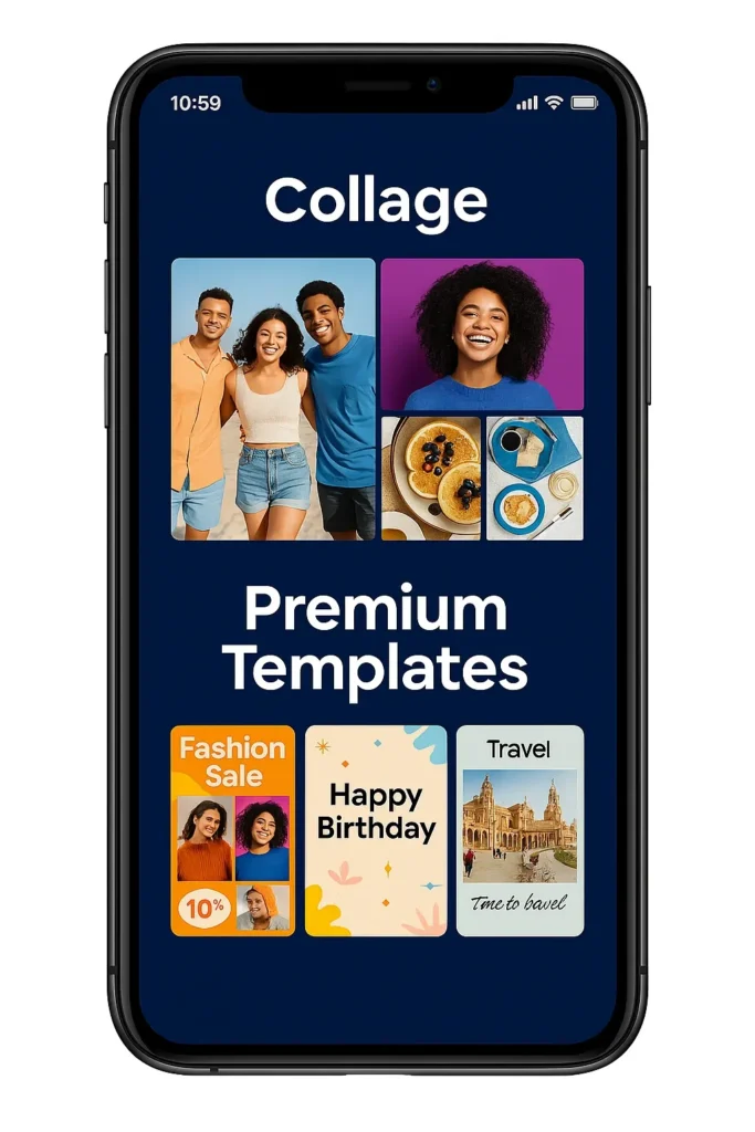 Smartphone screen displaying a collage maker app with the heading “Collage” and “Premium Templates,” showing photo collages of people, food, and template designs for fashion sales, birthdays, and travel.