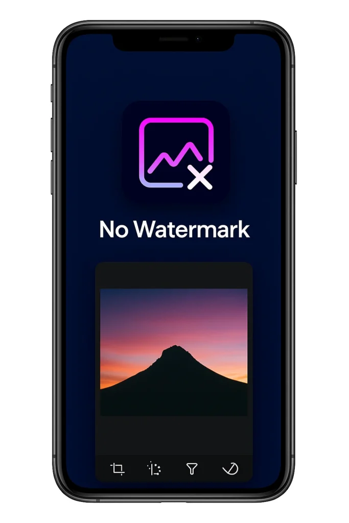 Smartphone screen displaying a photo editing app with a purple gradient icon of a mountain and “X” symbol, showing the text “No Watermark” above an edited photo of a mountain at sunset.