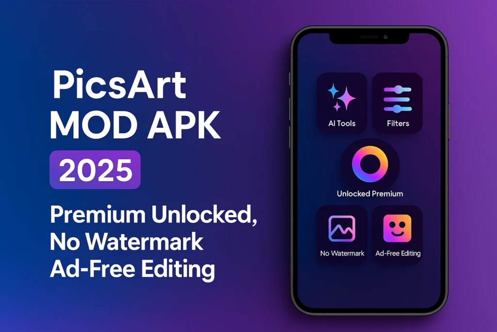 PicsArt MOD APK 2025 banner showing premium unlocked features including AI tools, filters, no watermark, and ad-free editing on smartphone screen