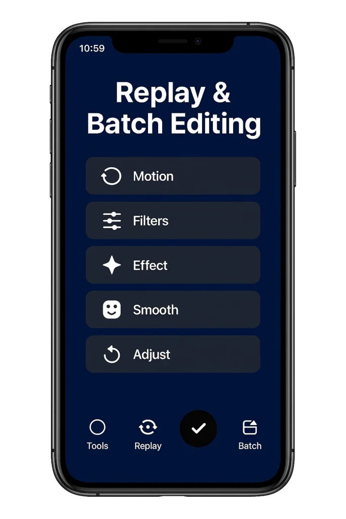Smartphone screen showing a photo editing app interface with the heading “Replay & Batch Editing” and options for Motion, Filters, Effect, Smooth, and Adjust, along with tool icons at the bottom.