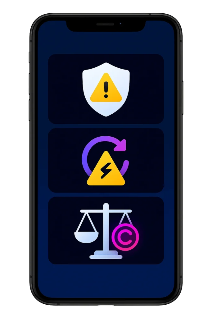 Smartphone screen showing three icons representing risks and safety practices: a shield with an exclamation mark, a warning triangle with a power symbol inside a refresh arrow, and a scale with a copyright symbol.