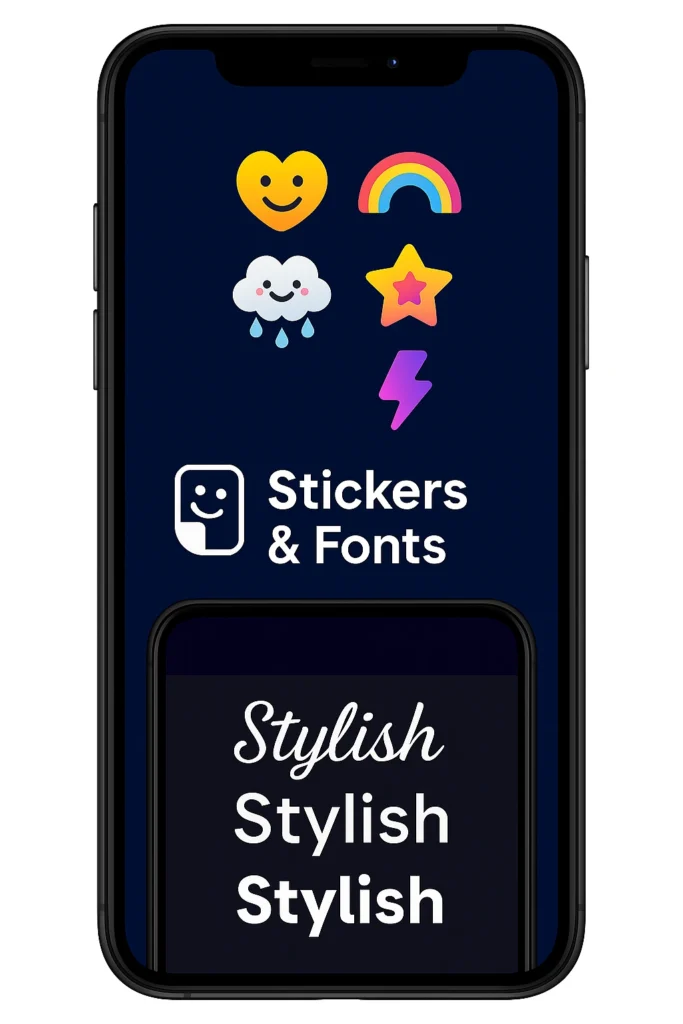 Smartphone screen displaying an app interface with the heading “Stickers & Fonts,” showing colorful sticker icons including a smiley heart, rainbow, cloud, star, and lightning bolt, along with stylish font text samples below.