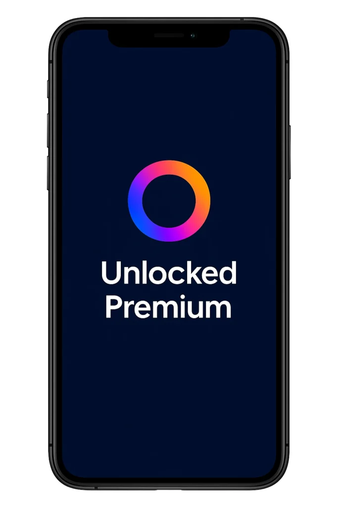 Smartphone screen displaying a colorful gradient circular logo above the text “Unlocked Premium” on a dark background.