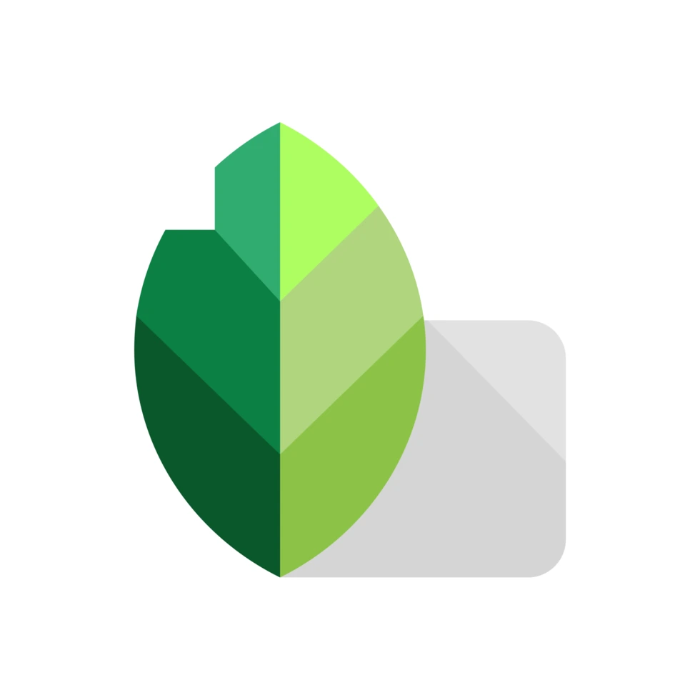 Snapseed logo featuring a stylized green leaf with geometric segments in different shades of green, placed in front of a light gray rounded rectangle, on a transparent background.