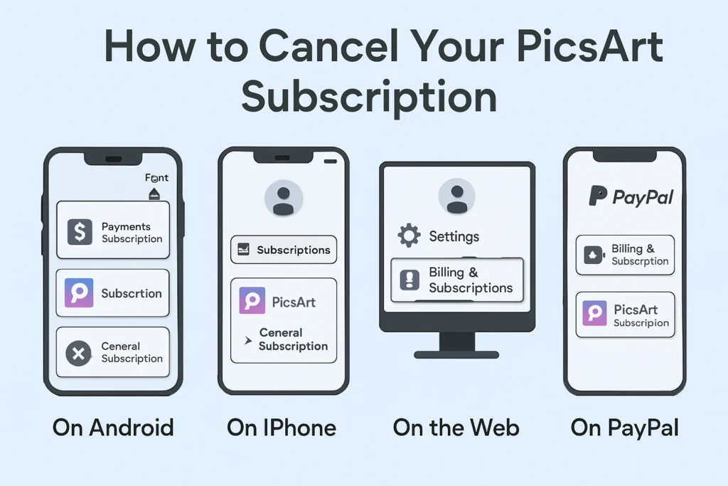 How to Cancel PicsArt Subscription 2 “Illustration showing how to cancel a PicsArt subscription on different platforms — Android, iPhone, Web, and PayPal. Each device screen displays subscription or billing settings with the PicsArt logo, arranged side by side for a visual step-by-step guide.”