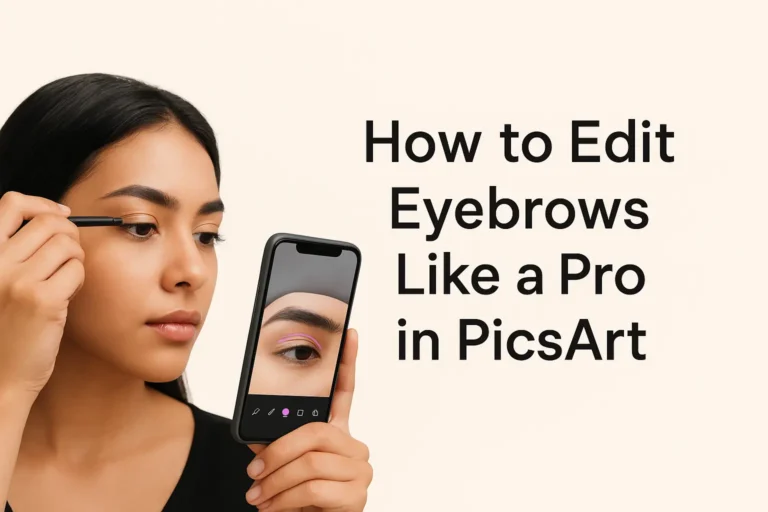 How to Edit Eyebrows in PicsArt 7 Woman editing her eyebrows on a smartphone using PicsArt app, showing a digital brush outline on her brow with tutorial title ‘How to Edit Eyebrows Like a Pro in PicsArt’ on a beige background.