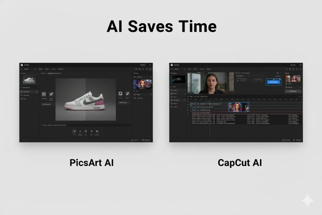 PicsArt vs CapCut 2 Side-by-side UI comparison showing PicsArt AI and CapCut AI interfaces. PicsArt on the left displays an AI image editing workspace with a sneaker, while CapCut on the right shows AI captioning and video editing timeline. Clean white background with text ‘AI Saves Time’ above.