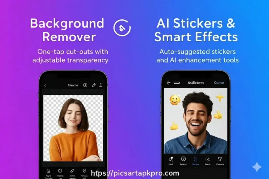 For iOS 4 PicsArt iOS features – background remover with one-tap cut-outs and adjustable transparency, and AI stickers & smart effects with auto-suggested enhancements, shown on smartphone interface from picsartapkpro.com.