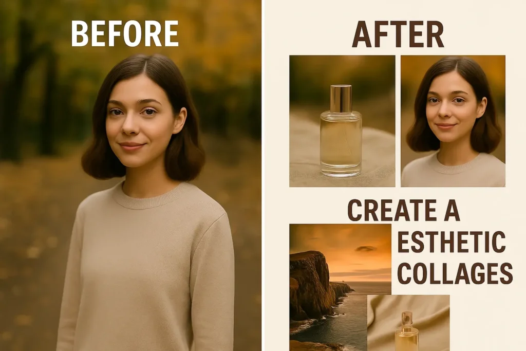 Before and after collage comparison in PicsArt showing unstyled images versus a polished aesthetic collage with borders, spacing, and text effects.