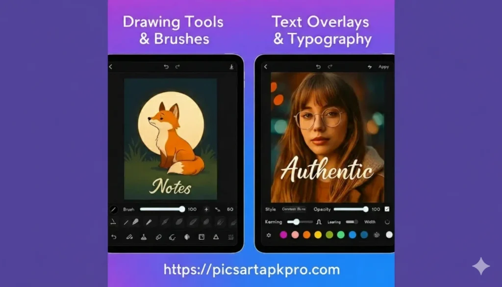 For iOS 5 PicsArt for iOS — drawing tools and brushes for digital art with text overlays and typography customization shown on smartphone interface.