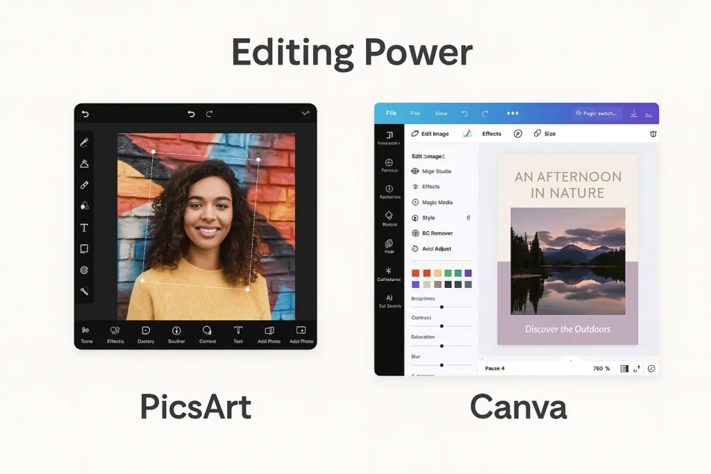 Visual comparison of editing interfaces: PicsArt on the left with a woman’s portrait and editing tools, and Canva on the right with a landscape design layout and toolbar options. “Editing Power” is written at the top, with labels “PicsArt” and “Canva” below each interface.