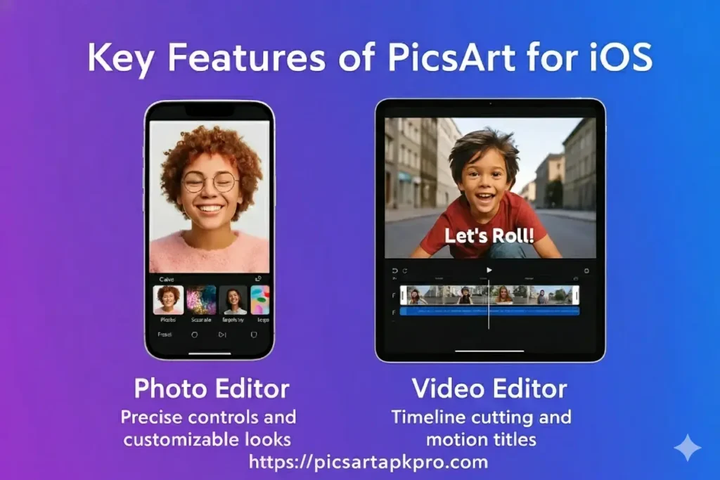 For iOS 3 Key features of PicsArt for iOS shown on smartphone and tablet — photo editor with precise controls and customizable looks, and video editor with timeline cutting and motion titles, available at picsartapkpro.com.