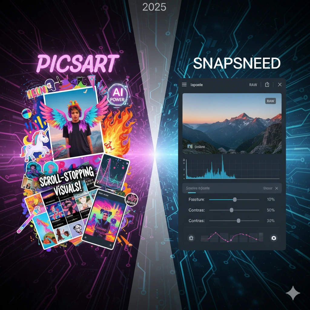 PicsArt vs Snapseed 2 Creative 2025 graphic comparing PicsArt and Snapseed photo editing apps, showing colorful artistic visuals for PicsArt and professional adjustment tools for Snapseed in a futuristic digital background.
