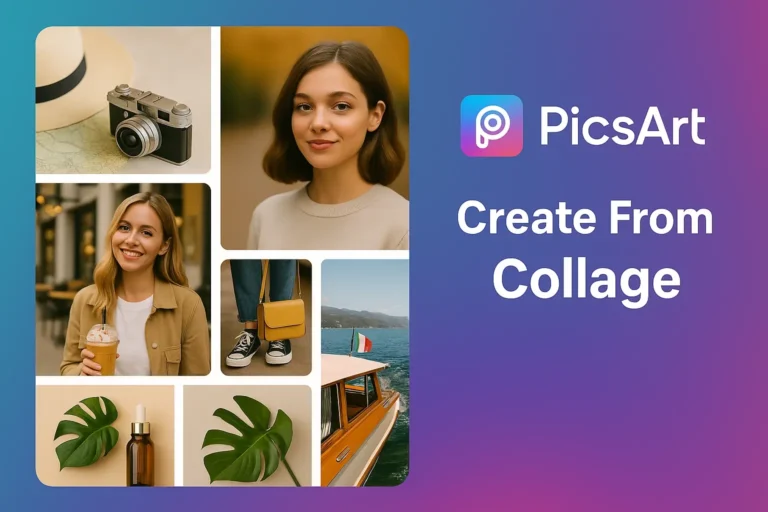 How to Create Collages in PicsArt 10 Creative collage design made with PicsArt showing travel, lifestyle, and product photos in modern grid layout with soft gradient background.