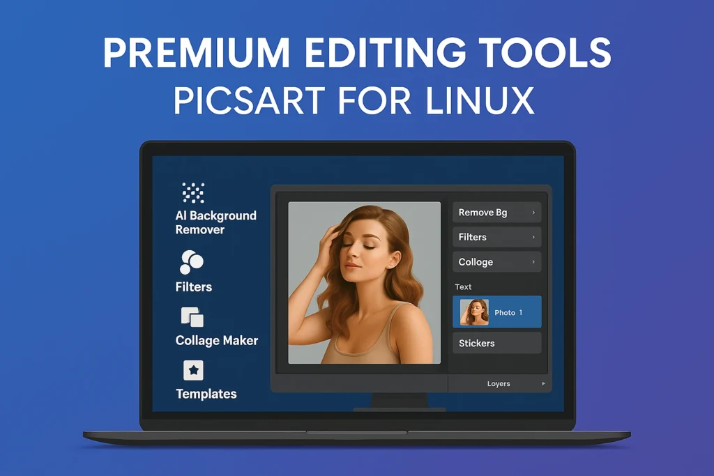 For Linux 2 PicsArt for Linux 2025 features overview on a desktop screen, showcasing premium tools such as AI background remover, advanced filters, collage maker, text editor, sticker library, and creative templates in a modern 3D interface.