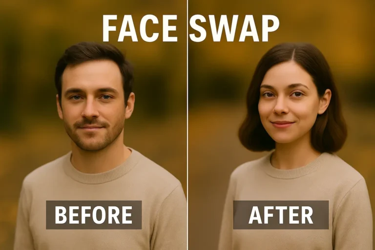 How to Use Face Swap in PicsArt 6 Before and after face swap comparison showing two portraits with swapped faces using PicsArt. Left side shows the original male portrait, right side shows swapped female portrait. Clean split design with FACE SWAP text.