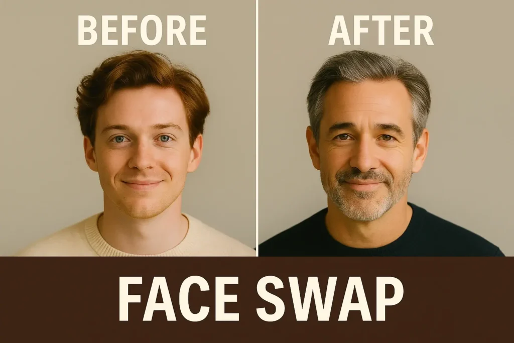 Face swap before and after comparison of two male portraits using PicsArt. Left image shows original face, right image shows swapped face with FACE SWAP text in bold.