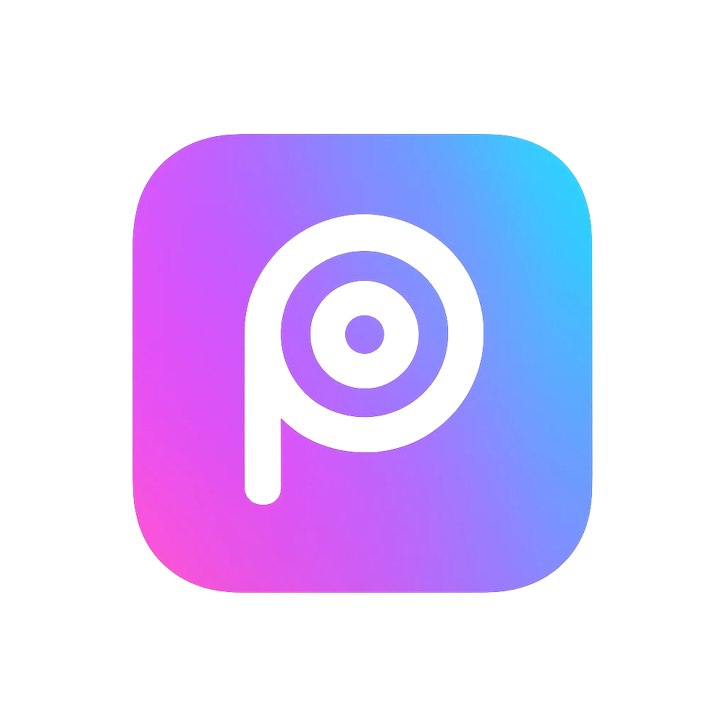 Gradient PicsArt-inspired logo with purple, pink, and blue colors in a rounded square shape, featuring an abstract creative icon on a transparent background.