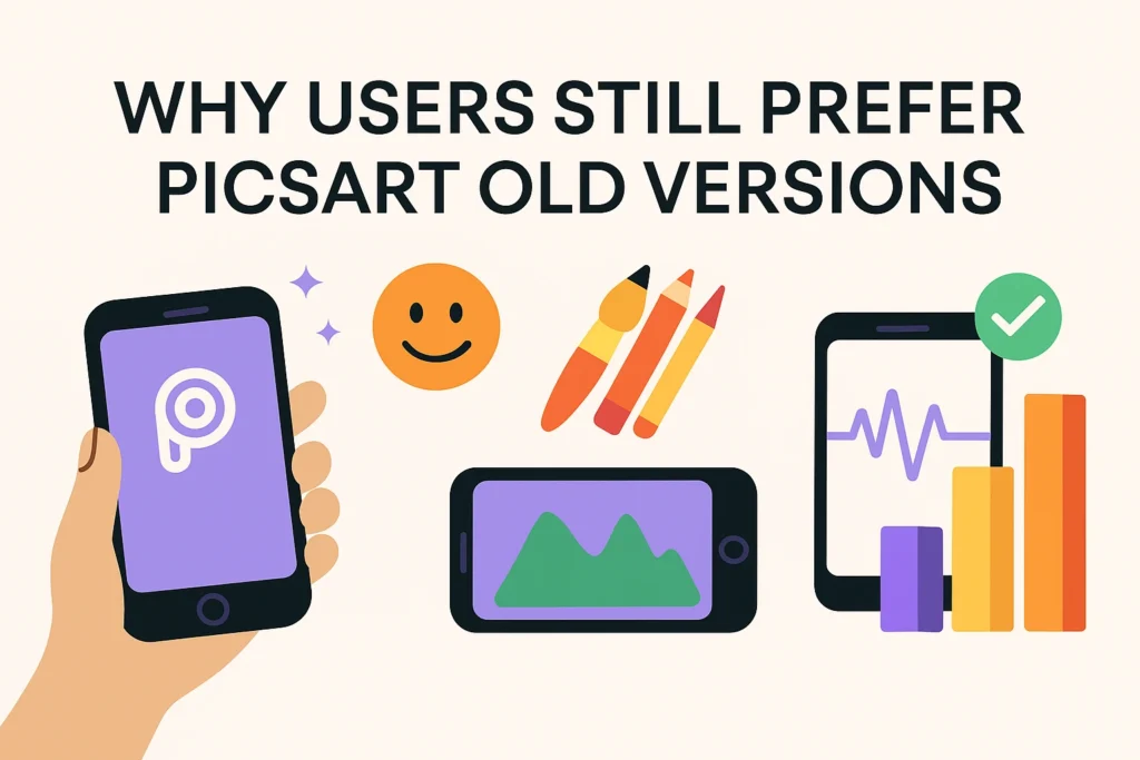 Why users still prefer PicsArt old versions – illustrated graphic showing smartphone apps, editing tools, and performance benefits of older PicsArt APKs.