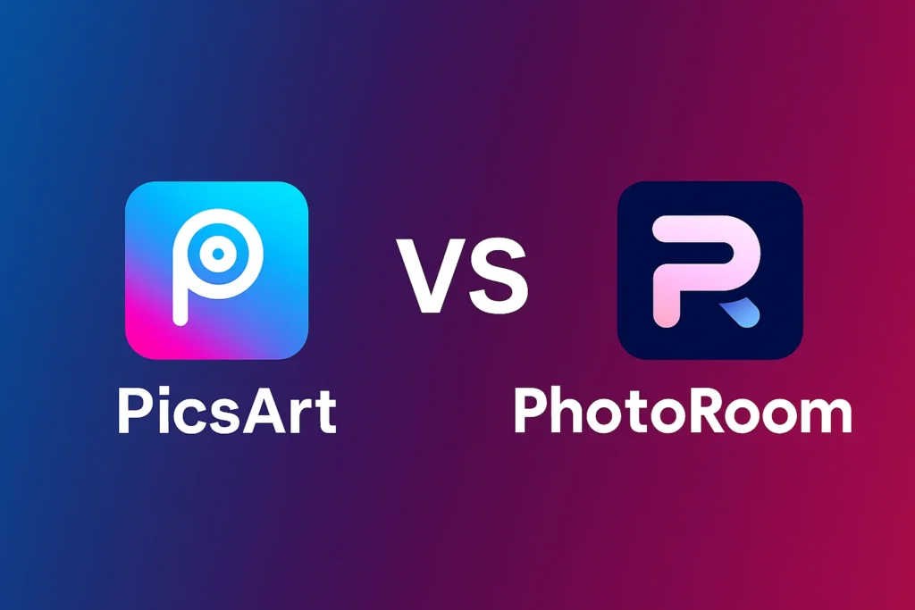 PicsArt vs PhotoRoom 2 image showing PicsArt logo versus PhotoRoom logo on gradient background..