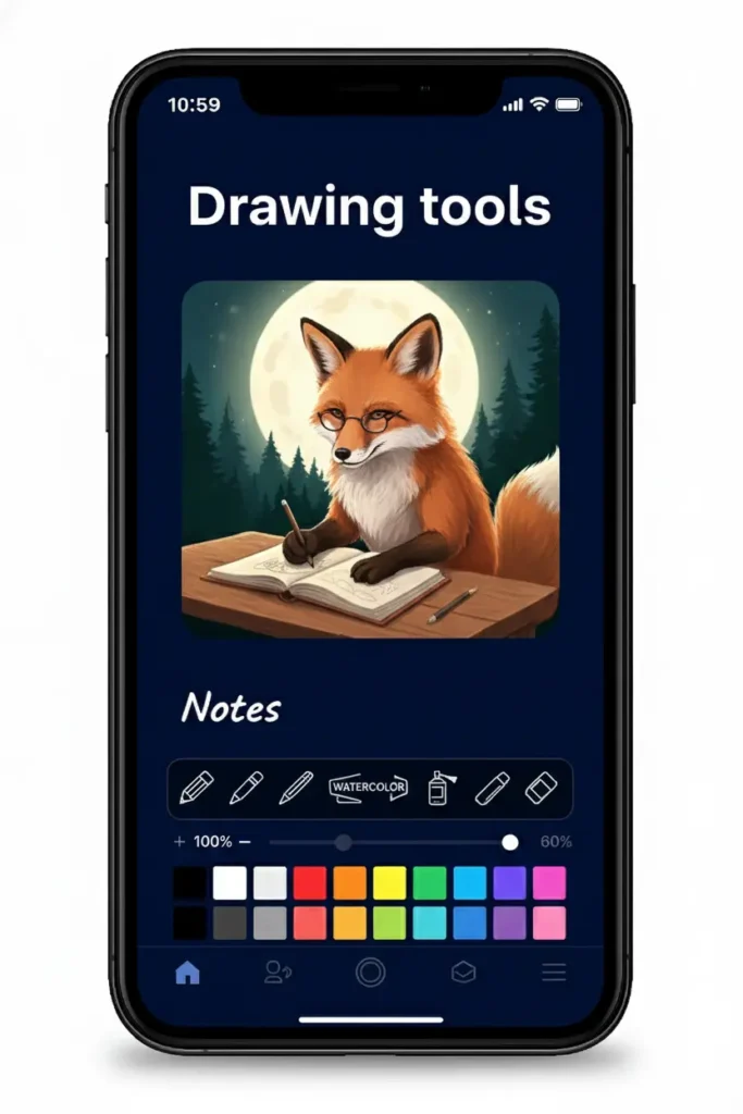 PicsArt MOD APK drawing tools interface showing digital sketching features, color palette, and creative illustration workspace