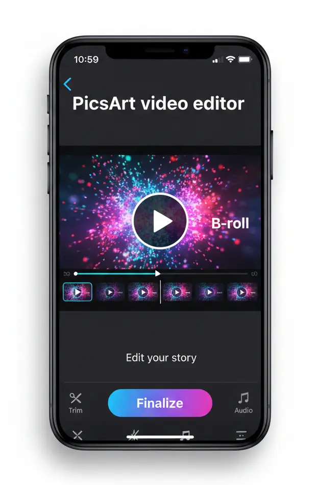 PicsArt MOD APK video editor interface showing timeline editing, trim tools, audio options, and finalize button