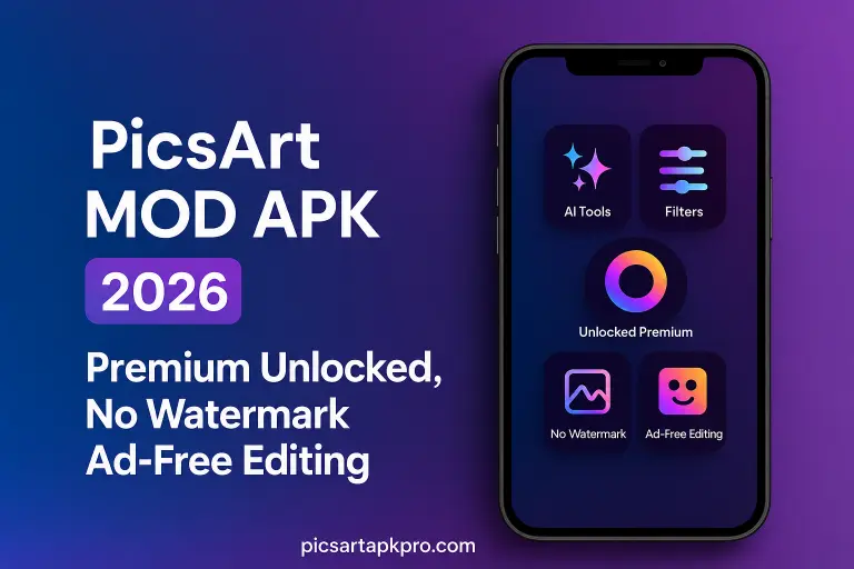 PicsArt MOD APK 2026 banner showing premium unlocked features including AI tools, filters, no watermark, and ad-free editing on smartphone screen